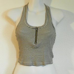 Love Culture halter style, zip front, crop top, thin black & white stripes